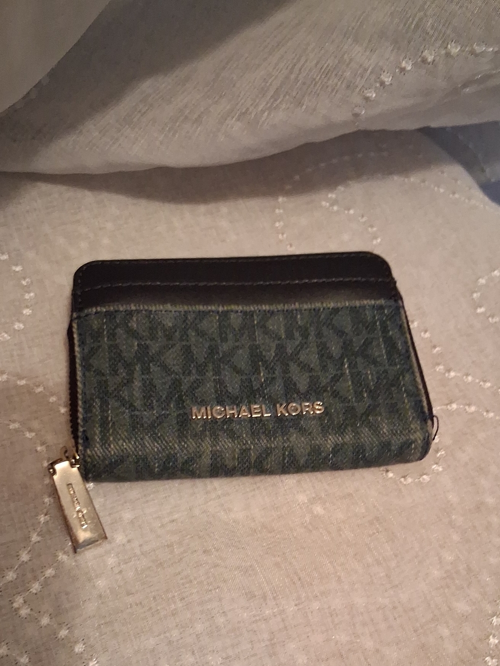 Michael Kors Denim Blue MK Signature Zip Card Holder Wallet